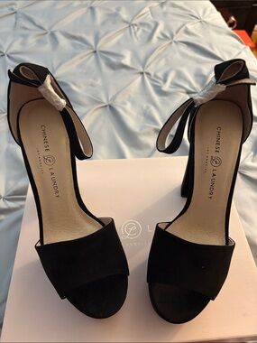 Chinese Laundry Black Suede Open-Toe Ankle-Strap Block Heels